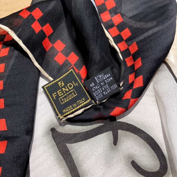 FENDI Red Black Abstract Art FF Scarf Square Silk Carre 90 - Picture 10 of 10